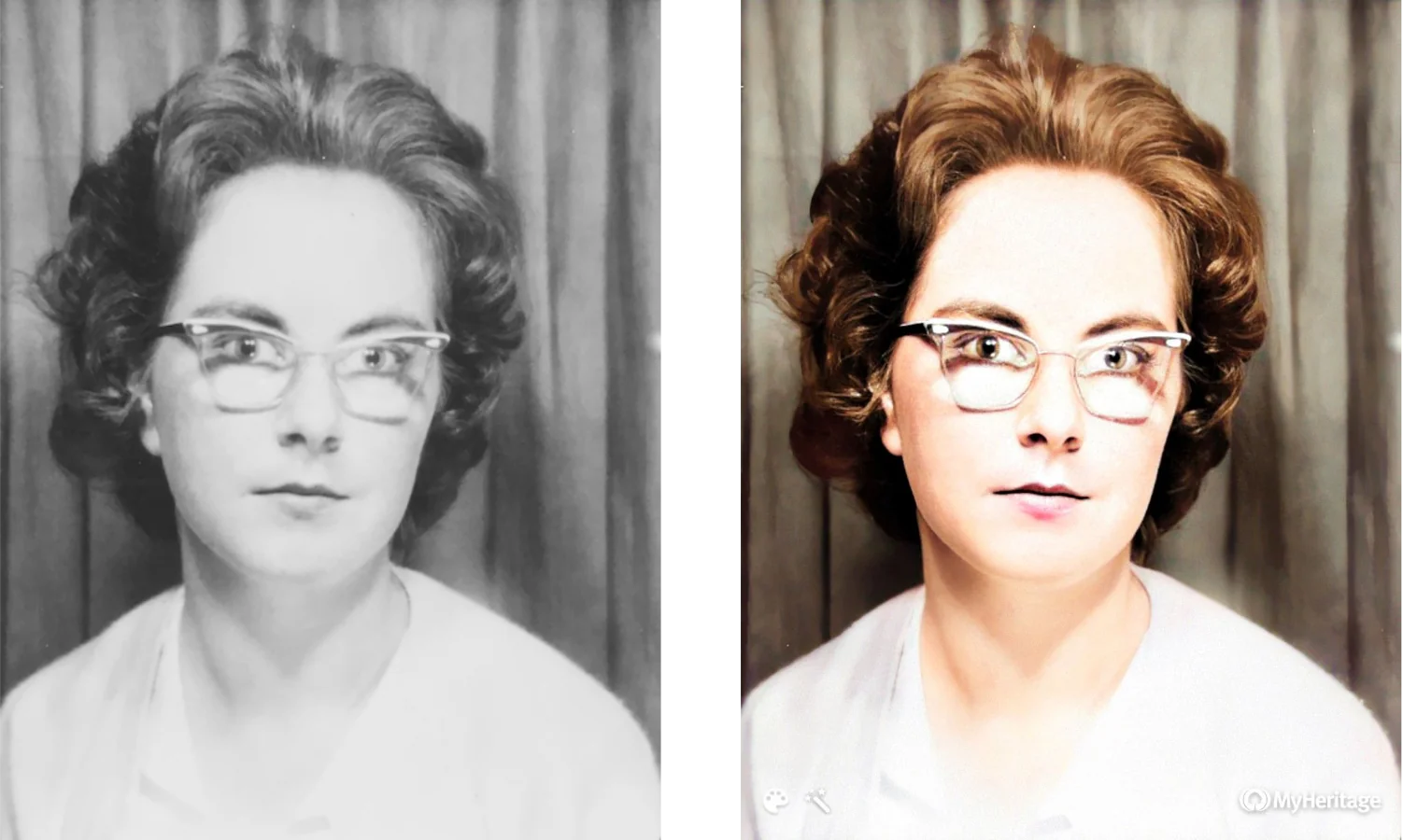 A black-and-white portrait of a young woman in cat-eye glasses, beside an AI version that is sharper and in colour, with brown hair and pink lips.
