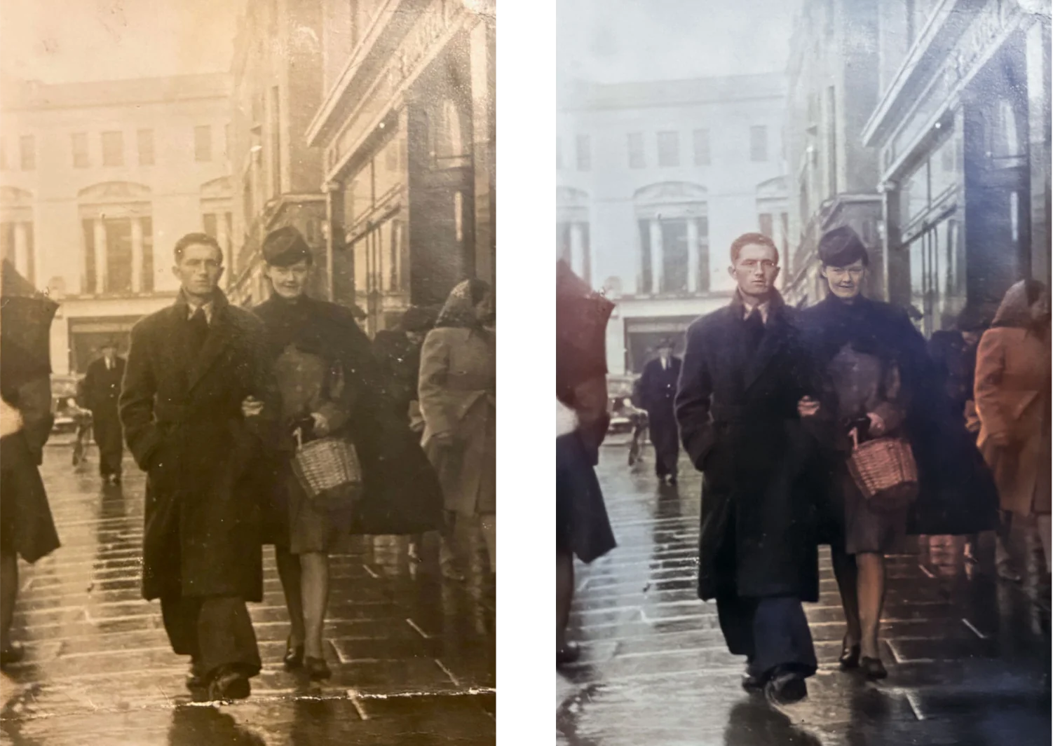 An old sepia photo of a couple walking arm in arm along a wet city street, beside the restored version in colour, with the creases and spots removed.