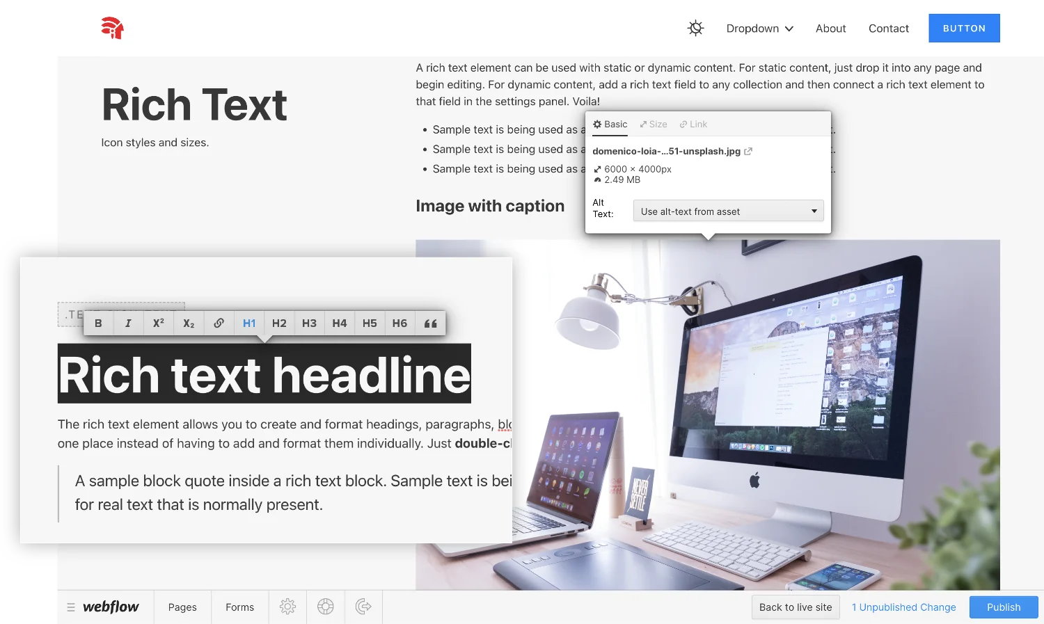 A page being edited in Webflow, with a text toolbar over a headline and an image's settings open, including its alt text.
