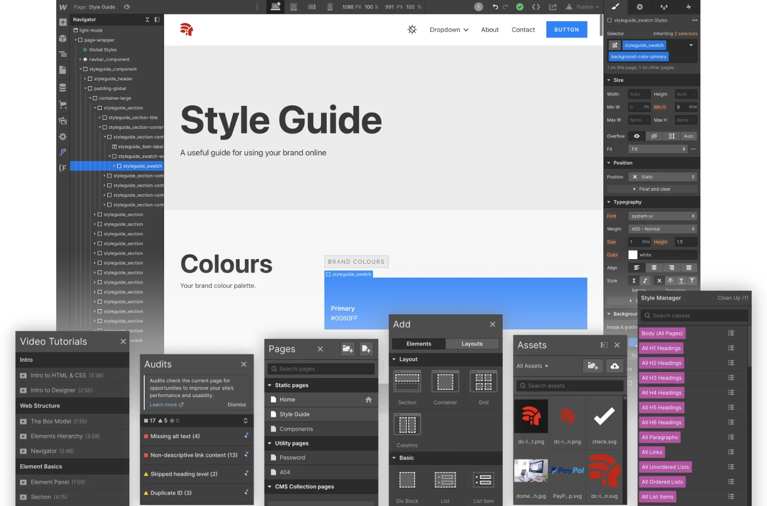 Webflow's Designer open on a style guide page, with the page structure on the left, style settings on the right and panels for pages, assets, page checks and video tutorials around it.